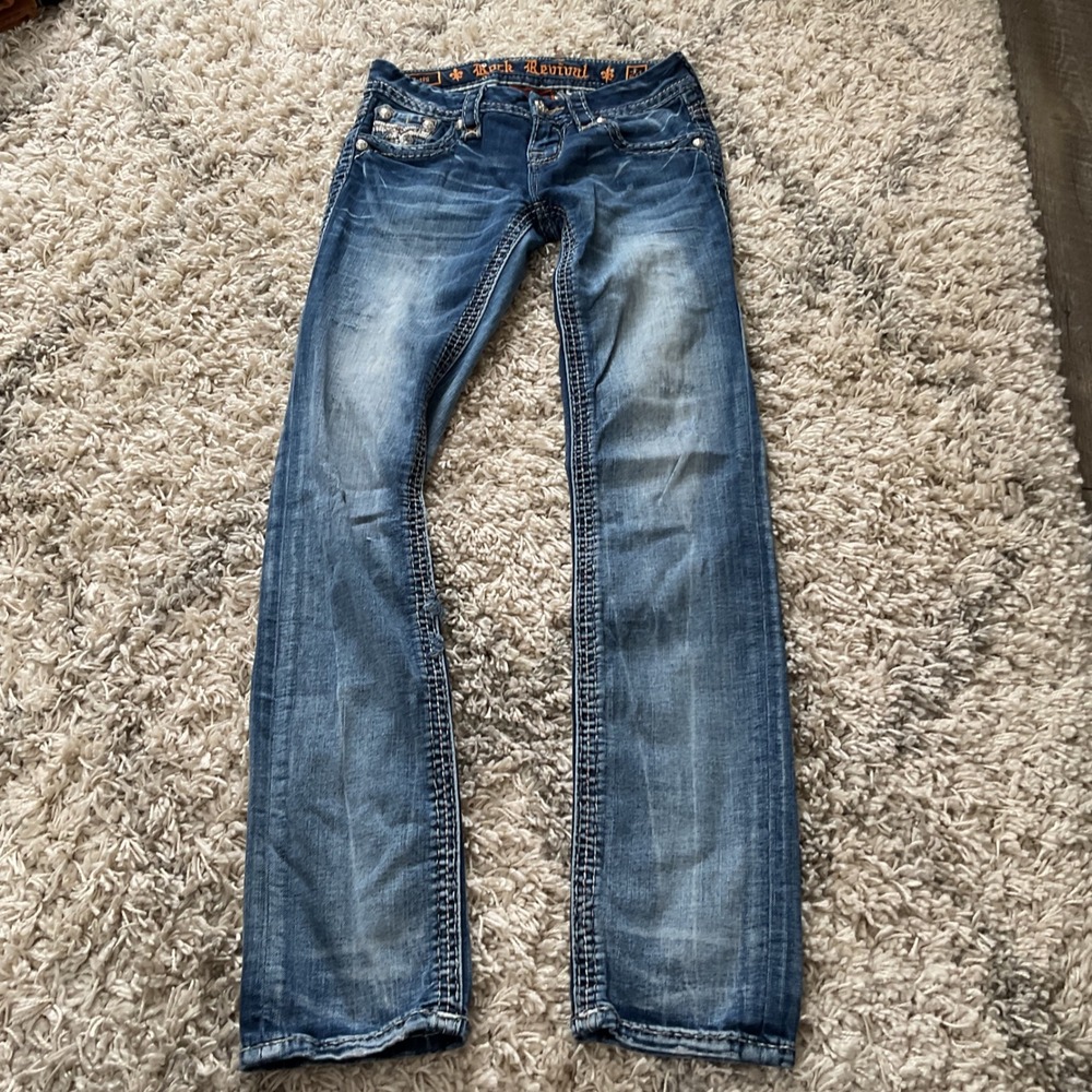 Rock Revival Betty Bootcut‎ Jeans Womens 24 Medium Wash Thick Stitch Embellished